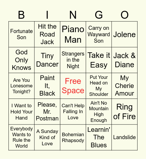 Classic Oldies Music Bingo Card