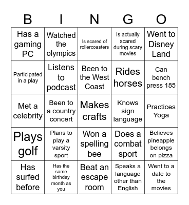 Know your Classmates Bingo Card