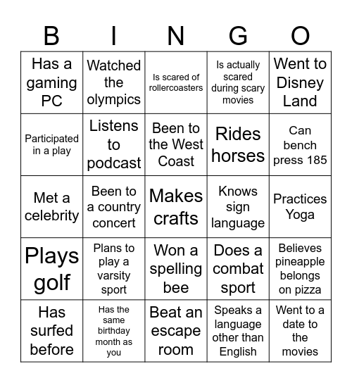Know your Classmates Bingo Card