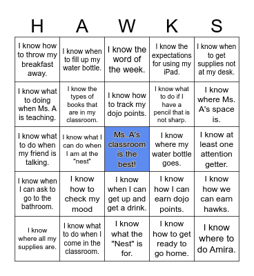 Expectation and Procedures Bingo Card