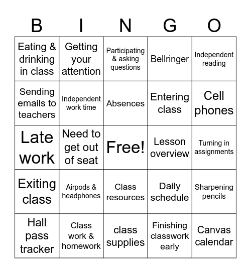 Classroom Procedures Bingo Card