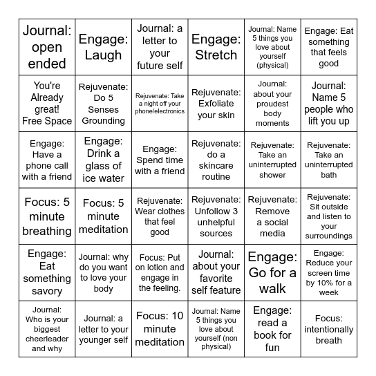 Love Your Body Bingo Card