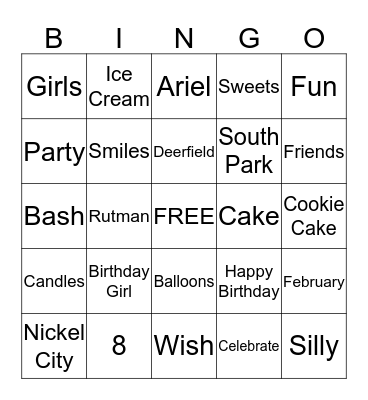 Ariel's 8th Birthday Bingo Card