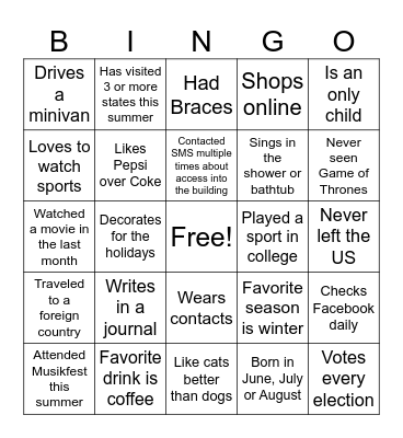 SMS Get to Know You Bingo Card