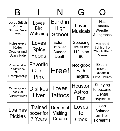 Getting Know to You Bingo Card