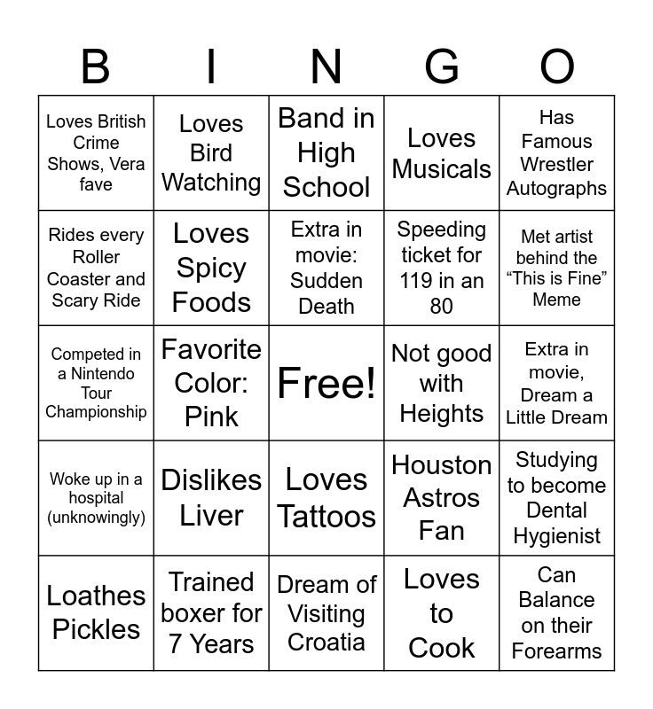 Getting Know to You Bingo Card