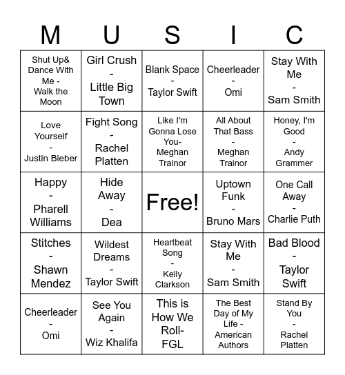 Pop Music Bingo Card