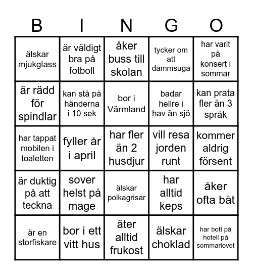 EE-programmets "Lära känna - bingo" Bingo Card