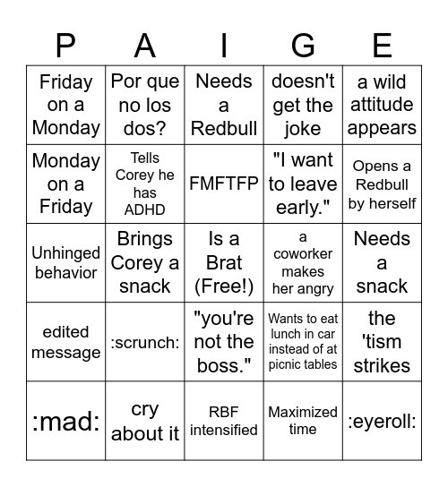 Paige Crouch Bingo Card