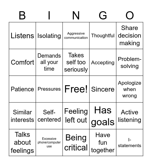 Healthy Relationships and Boundaries Bingo Card