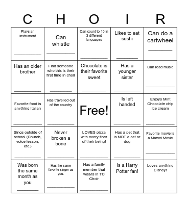 Get to know your choir friends! Bingo Card
