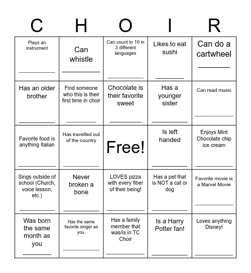Get to know your choir friends! Bingo Card
