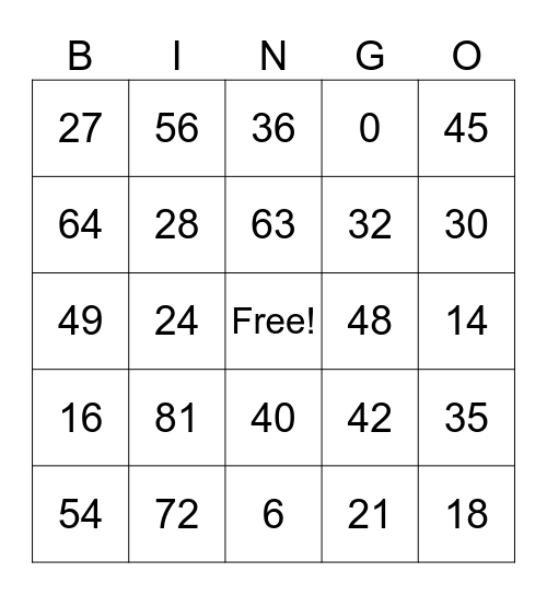 Multiplication BINGO Card