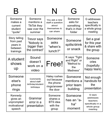 High Road Bingo Card