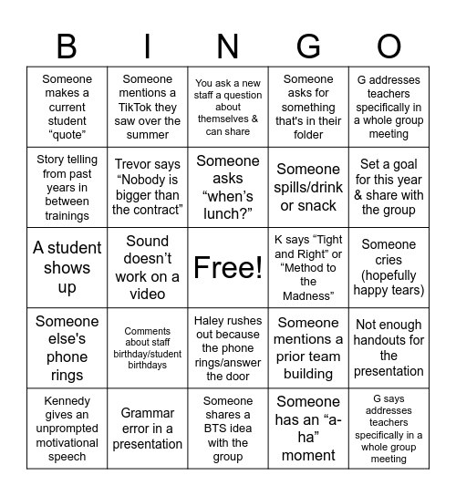 High Road Bingo Card