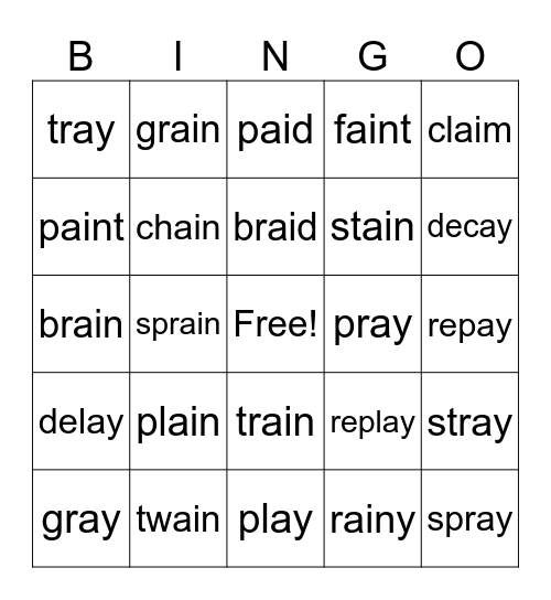 ay and ai words Bingo Card