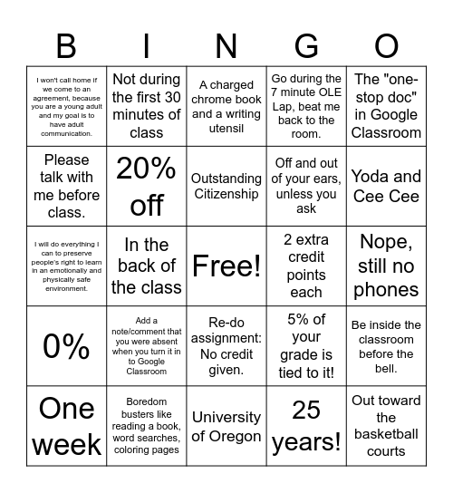 Class Regs Bingo Card