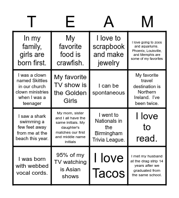 TEAM FUN FACTS Bingo Card