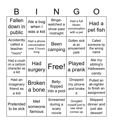 Never have I ever... Bingo Card
