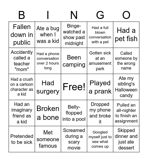 Never have I ever... Bingo Card