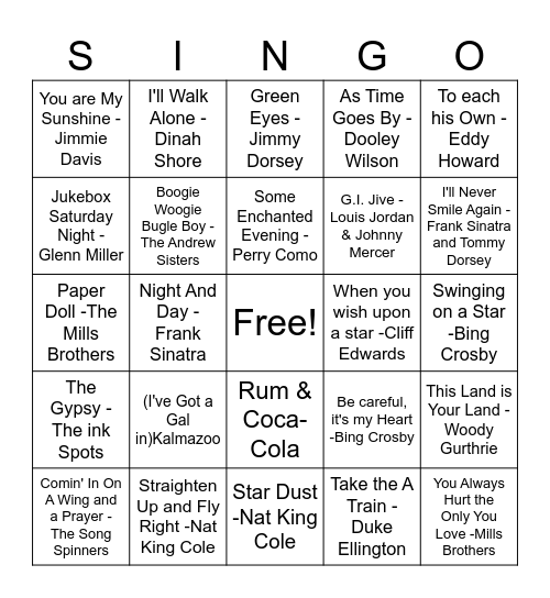 1940's Singo Bingo Card