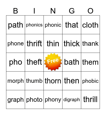 TH/PH Digraphs Bingo Card