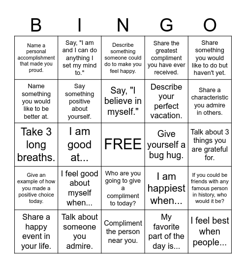 Self Awareness Bingo Card