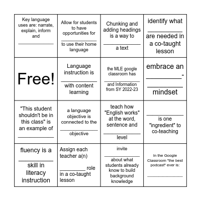 MLE Resources from 2022-2023 Bingo Card