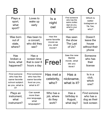 Getting to know you BINGO Card