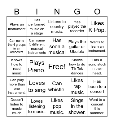 Getting to Know You Music Bingo Card