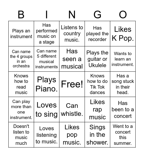 Getting to Know You Music Bingo Card