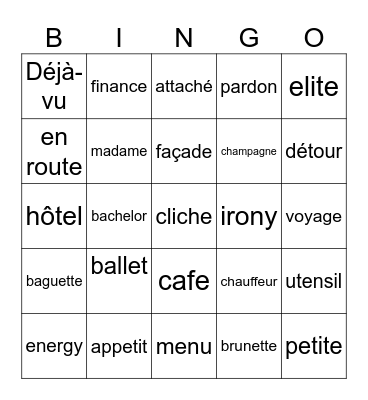 French words Bingo Card