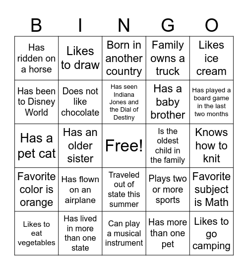 KJHS Classmate Bingo Card