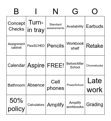 Back to School Bingo Card