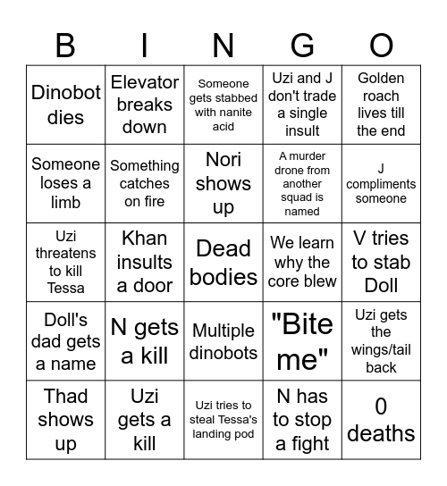 Murder Drones Ep. 5 Bingo Card