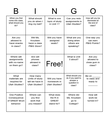 First Day Bingo Card