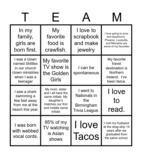 TEAM FUN FACTS Bingo Card