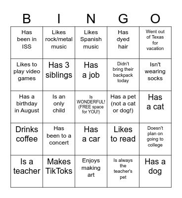 All About Us! Bingo Card