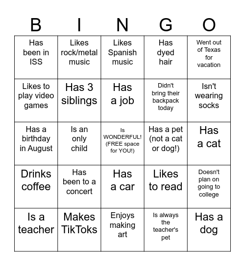 All About Us! Bingo Card