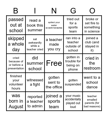 Back to School Bingo Card