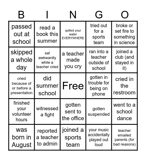 Back to School Bingo Card