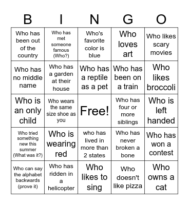 Human Scavenger Hunt Bingo Card