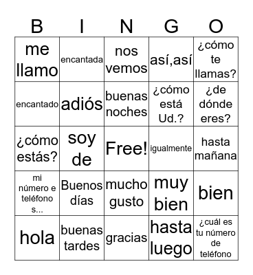 SPANISH GREETINGS Bingo Card
