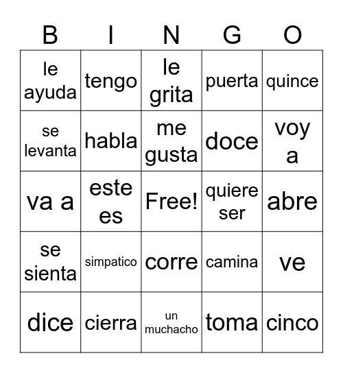Spanish 1 Review Bingo Card