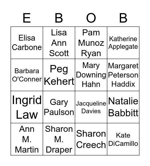 EBOB Author BINGO Card