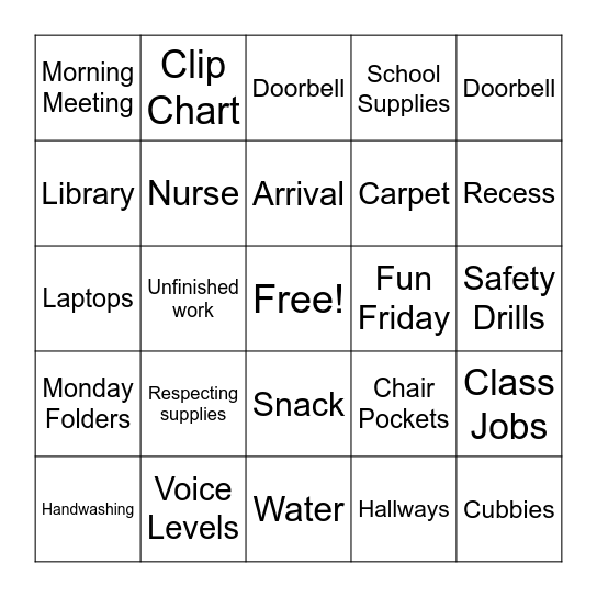 Back to School Bingo Card