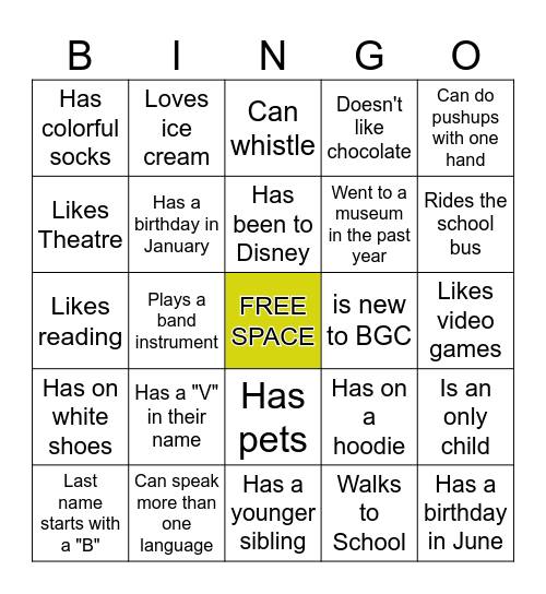 Middle School BINGO: Find someone who... Bingo Card