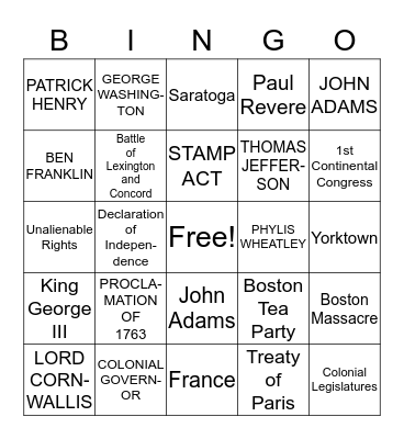 Revolutionary War Bingo Card