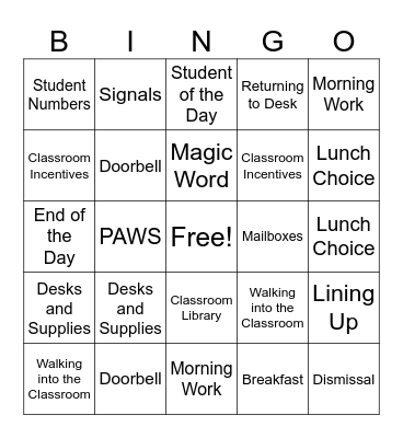 Room 208 Classroom Expectations and Routines BINGO Card