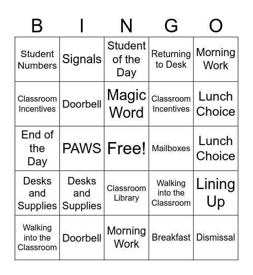 Room 208 Classroom Expectations and Routines BINGO Card